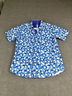 Bohio Mens Blue & White Geometric Print Short Sleeve Button-Up Shirt Size L